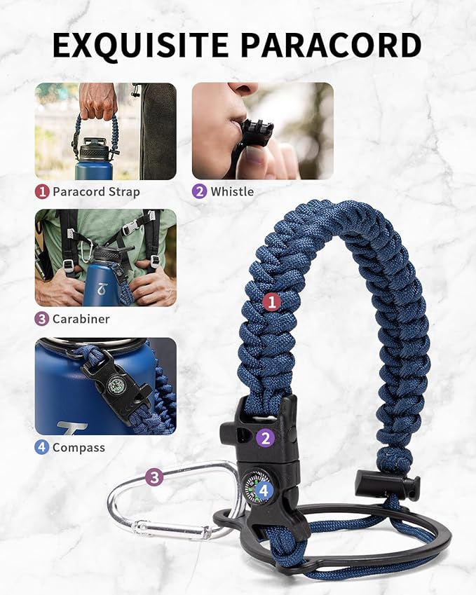 Trebo Water Bottle 40oz with Paracord Handle, Half Gallon Large Vacuum Triple Wall Stainless Steel Insulated Water Jug with Holder Strap Straw Spout Lids, Leakproof Keep Cold & Hot,Classic Blue