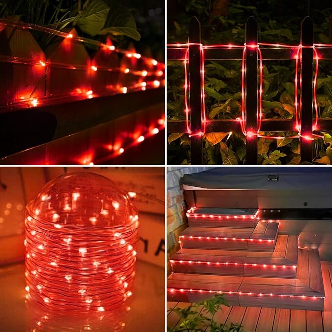 Solar Rope Lights, 33ft 100LED Solar String Lights, 8 Modes Waterproof Solar Powered Outdoor Light, Flexible Clear Tube Light for Garden Backyard Patio Deck Porch Pool Tree Christmas Decoration - Red
