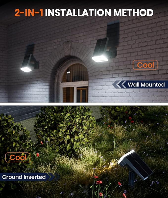 2-Pack Solar Lights Outdoor Waterproof IP67, 3 Color Modes (Warm/Cool White & Hybrid) with 3 Lighting Modes, 105° Adjustable Dusk to Dawn Solar Spotlights for Pathway/Garden/Yard Wall/Ground Lighting