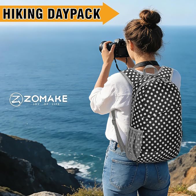 ZOMAKE Lightweight Packable Backpack,Foldable Backpacks Small Daypack for Hiking Water Resistant Day Bag for Travel(Black,White polka dots)