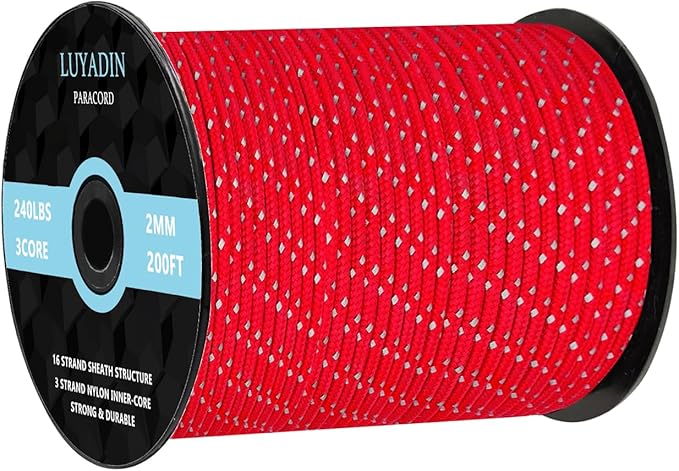 Reflective Paracord 240lb - Diameter 2mm Micro Utility Cord -3 Strand Parachute Spool Cord - 100ft 200ft,Paracord for Camping,Hiking,Fishing,Outdoor and DIY