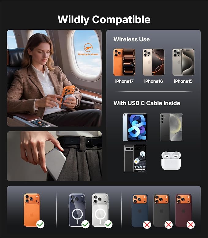 Portable Charger for iPhone, 0.5" Ultra-Slim Magnetic Power Bank, 10,000mAh Fast Charging with USB C Cable, Magsafe Wireless Battery Pack for iPhone 17/16/15/14/13/12 Series Travel Essentials