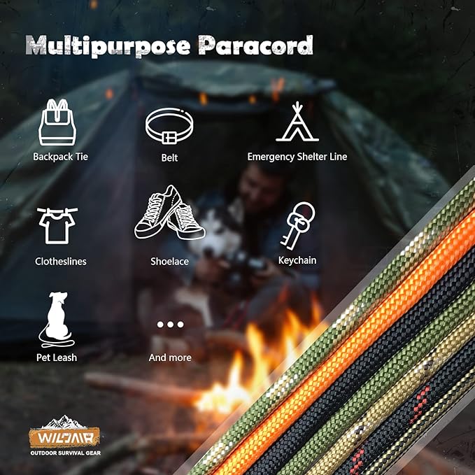 WILDAIR Paracord Survival Paracord Parachute Fire Cord Survival Ropes 4-in-1 U.S. Military Type III with Integrated Fishing Line Fire-Starter Tinder