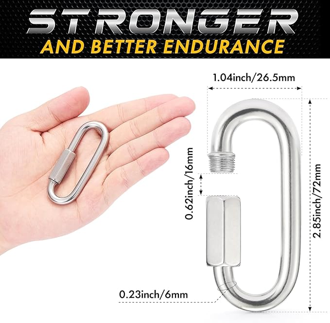 sprookber Stainless Steel Chain Quick Links - 304 Stainless Stee Chain Connector, Screw Carabiner, Chain Hooks, Set of 6