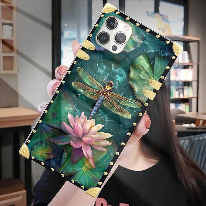 Compatible with iPhone 12 Case, Colourful Dragonfly Pink Lily Pads Luxury Golden Decoration for Girl Women Soft TPU Shockproof Protective Hard PC Back for iPhone 12 Pro