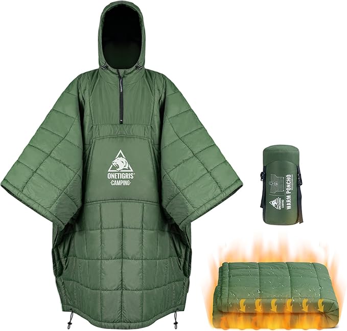 ONETIGRIS Camping Blanket Poncho with with Recycled Synthetic Insulation,Wearable Hoodie Blanket | Ultralight Water-Resistant Warm Camping Blanket for Outdoor, Hiking, Stadium