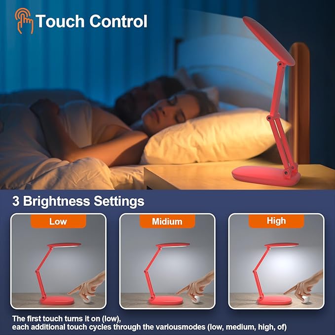 Akejrym LED Desk Lamp for Office Home & Battery Operated Lamp Rechargeable Lamp Foldable & Portable Light, [2-Fold Bracket] 3 Brightness Dimmable Small Desk Lamp Wireless Reading Lamp (Bright Pink)