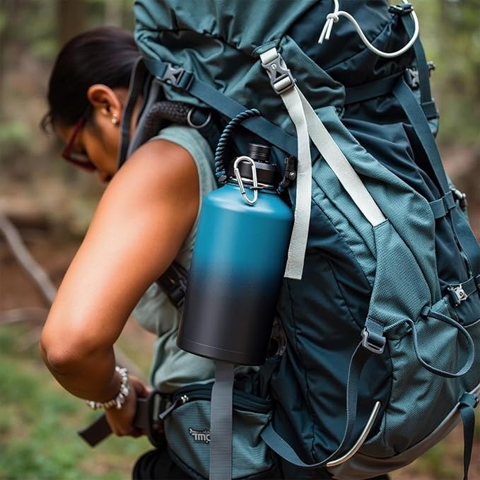 Fijinhom Gallon Water Bottle with 2 Lids (Straw & Spout), 304 Stainless Steel Water Jug with Handle and Wide Mouth, 1 Gallon Vacuum Double Walled Jug for Sports, Outdoors, Blue&Black 128 oz