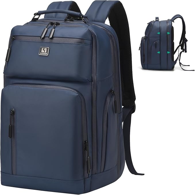 Expandable Business Backpack with 17" Laptop Compartment - Waterproof, Airline Approved, 33L-42L Capacity, for Work & Travel, Blue