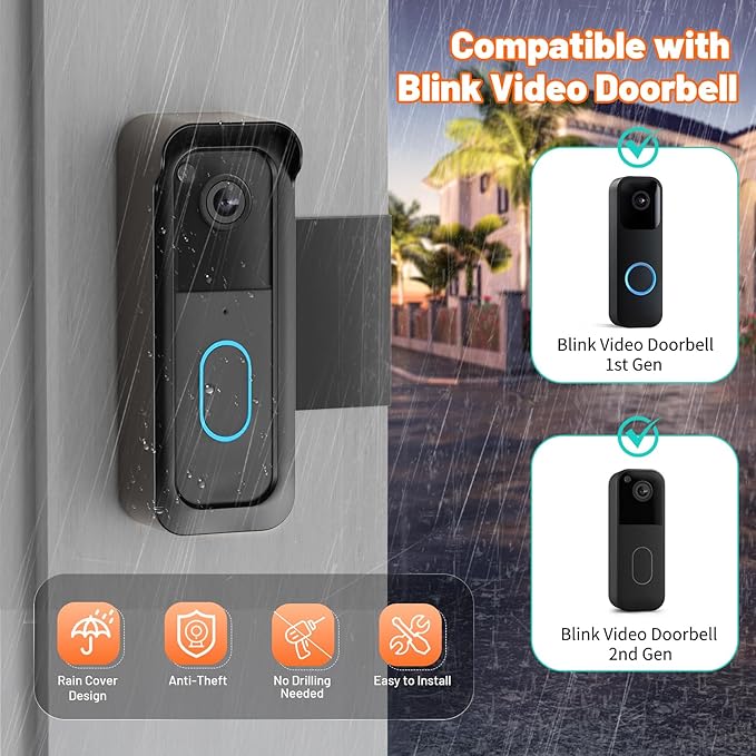Blink Doorbell Mount, 2nd Gen Anti-Theft Blink Doorbell Camera Mount No Drilling with Rain Cover, Fit for Blink Video Doorbell 1st & 2nd Gen, No Block Sensor & Night Vision