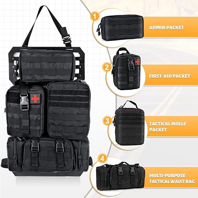 MAIKER 2pcs Tactical Seat Back Molle Panel Compatible with 2021-2025 Ford Bronco, Tactical Rigid Molle Aluminum Insert Panel with 4 Storage Bags and 10 Fastening Tape