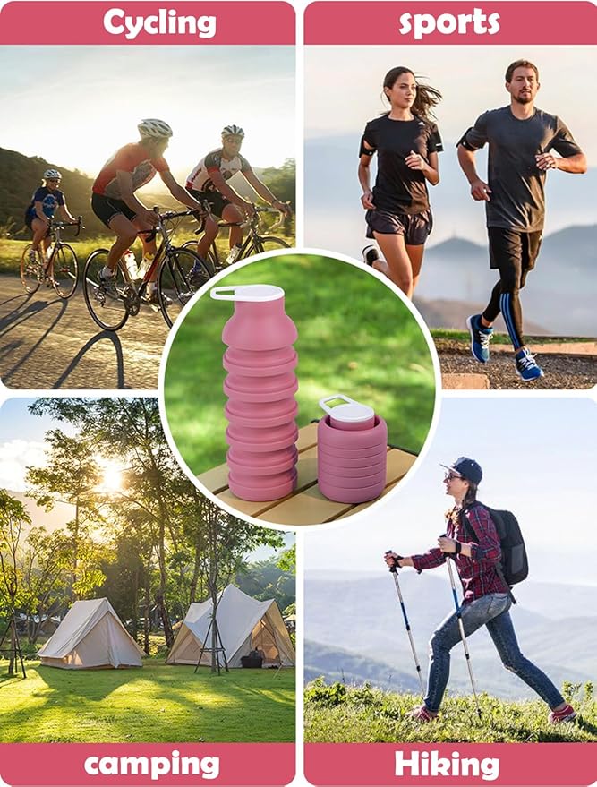 Collapsible Silicone Water Bottle - 20oz Foldable, Leakproof, BPA-Free - for Gym, Travel & Daily Use (Pink)