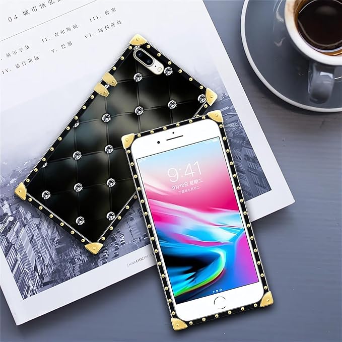 Compatible with iPhone 8 Plus 7 Plus Case, Shiny Black Sofa Crystal Luxury Golden Decoration for Girl Women Soft TPU Shockproof Protective Hard PC Back for iPhone 8 Plus 7 Plus