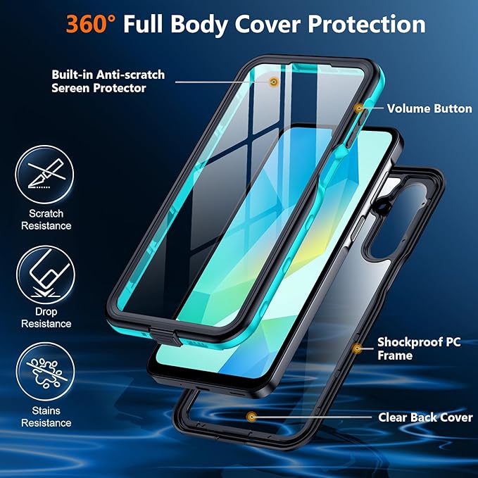 SPIDERCASE for Samsung Galaxy A16 5G Case Waterproof,Built-in Screen & Camera Lens Protector [IP68 Underwater][12FT Military Shockproof] Full Body Protection Cell Phone Sleeves,Teal/Clear