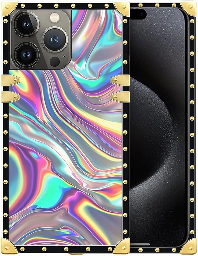 Compatible with iPhone 16 Pro Max Case, Holographic Abstract Iridescent Textures Luxury Golden Decoration for Girl Women Soft TPU Shockproof Protective Hard PC Back