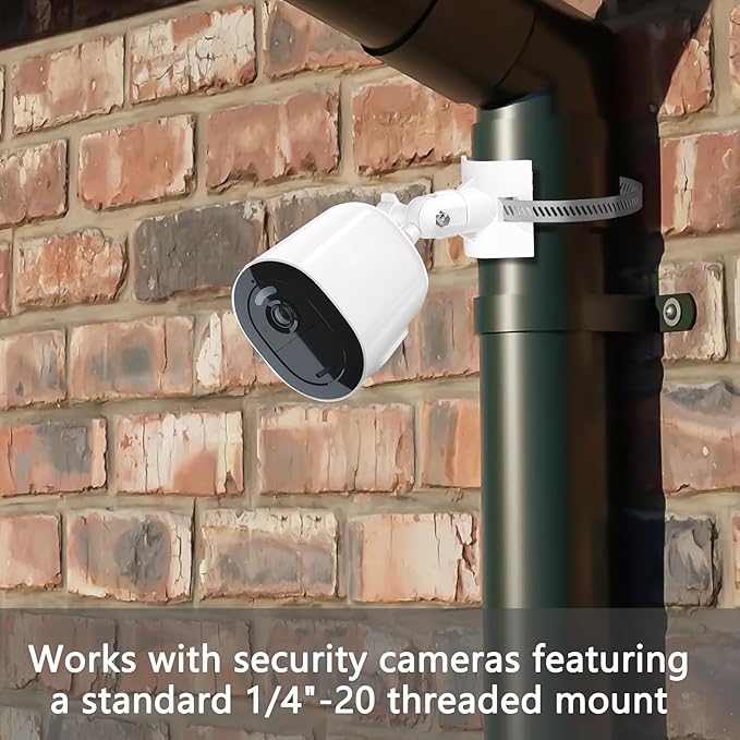 Universal Adjustable Stainless Mount Bracket Outdoor Security Camera 360 Degree hoop Hose Clamp Pipe Poles Mount No-drill holes Compatible with Reolink/Nest/Arlo/Eufy/Wyze and other camera (White)