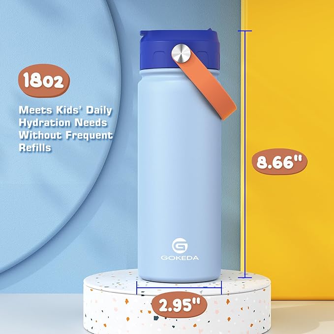 GoKEDA 18oz Kids Water Bottle, 2 Pack Insulated Bottles with Stickers, 18/8 Stainless Steel Vacuum Leak Proof Straw Cup for School, Gifts for Girls(Light Blue, Purple)