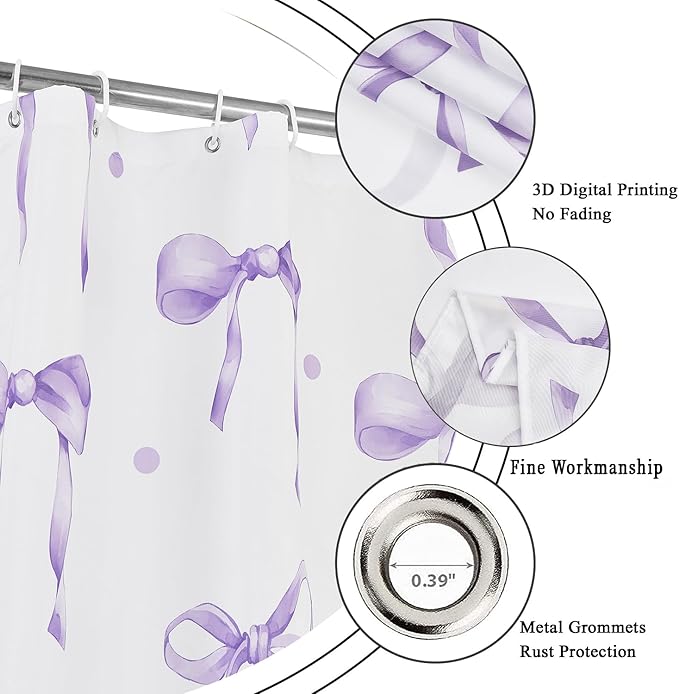 Purple Bow Shower Curtain, Lavender Modern Aesthetic Bowknot with Polka Dot Cute Girly Bathroom Curtain Waterproof Fabric Machine Washable with Hooks, 72" Wx96 L
