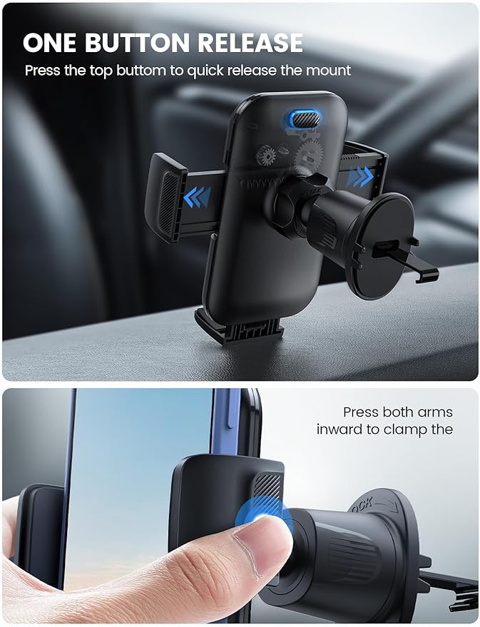 Lamicall 2026 Wider Clamp & Metal Hook Car Phone Holder Vent [Thick Cases Friendly] Phone Holders for Your Car Mount Automobile Hands Free Cradle Air Vent for iPhone 17 16 15 Pro Max Dark Grey
