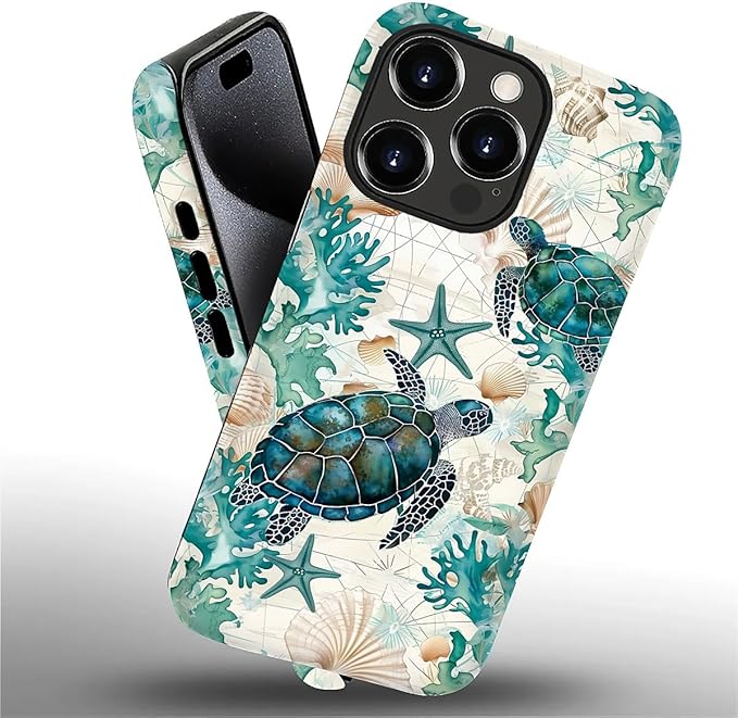 for iPhone 16 Pro Case,HH2 Ocean Sea Turtle Nautical Map Hybrid 2 Layer Hard Shell Silicone Protective Pattern Design Case