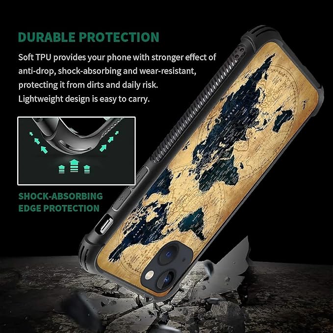 for iPhone 13 Mini Case, Brown World Map Pattern Made of Soft Silicone Hard Acrylic Shock Protection for iPhone 13 Mini