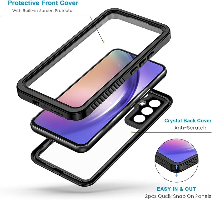 Lanhiem for Samsung Galaxy A54 5G Phone Case, IP68 Waterproof Dustproof, [Built-in Screen Protector] Full Body Protective Phone Case for Samsung Galaxy A54, Black/Clear