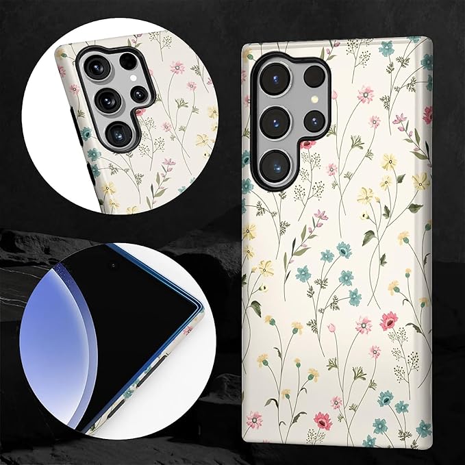 for Samsung Galaxy S24 Ultra Case,HL2 Beige Flower Branch Hybrid 2 Layer Hard Shell Silicone Protective Pattern Design Case