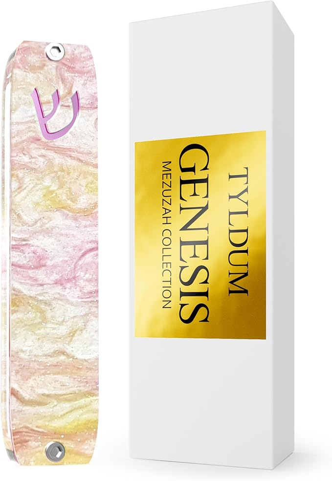 Genesis Mezuzah for Door – Modern Acrylic Mezuzah Case Without Kosher Scroll – Handmade in Canada Judaica Gift, Weatherproof, Jewish Artisan Design, Clear Case (Small, Pink Lemon)