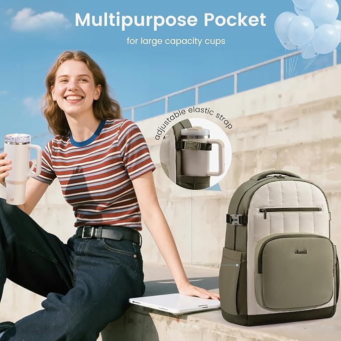 LOVEVOOK Laptop Backpack for Women with Giant Tumbler Holder Pocket,15.6 Inch Puffer Travel College Work Backpack Purse for Teacher Nurse,Casual Laptop Bag Computer Back Pack Daypack,White-Green-Black