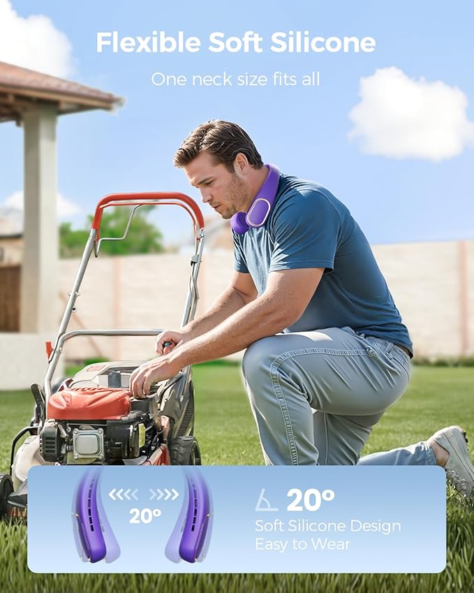 SHEWIND Portable Neck Fan - 5000mAh Rechargeable Hands-Free Wearable Fan | 4 Speeds, Bladeless & LED Display | Personal Cooling Fan for Travel, Outdoors, Camping - Purple