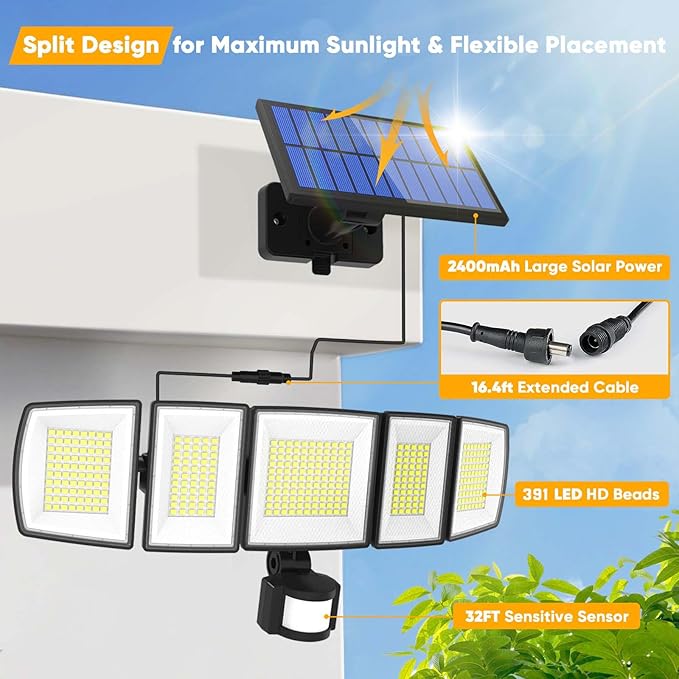 Solar Motion Lights Outdoor - With 16.4ft Cable, 3000LM LED Security Lights for Outside Dusk to Dawn, 2400mAh IP65 Waterproof Flood Lights with Remote for Court Yard Garage Front Door (Classic, 4)