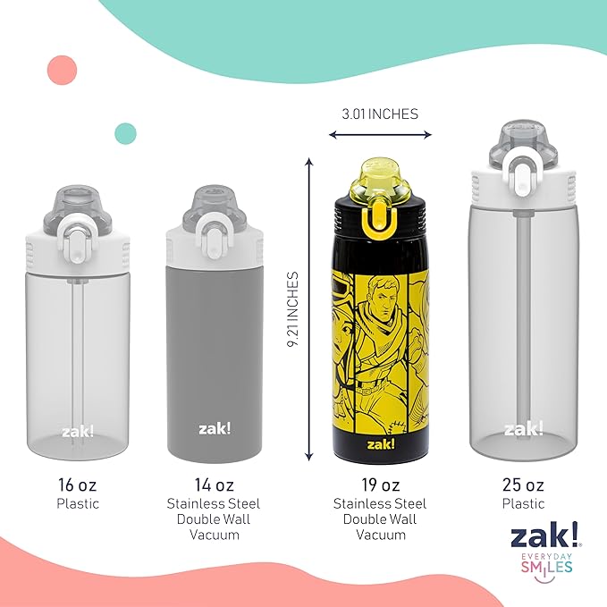 Zak Designs Fortnite Sage Kids Water Bottle For Home or Travel, 19oz Stainless Steel Water Bottle With Straw, Handle, and Leak-Proof, Pop-Up Spout Cover (Jonesy, Renegade Raider, Doggo)