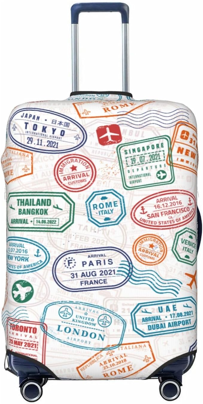 Luggage Cover with World City Stamps & Airplane Pattern, Suitcase Protector For Travel (Fits 18-21 Inch Luggage)