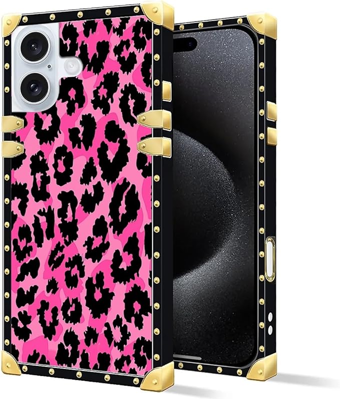 Compatible with iPhone 16 Case, Pink Black Leopard Luxury Golden Decoration for Girl Women Soft TPU Shockproof Protective Hard PC Back