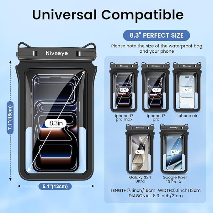 Niveaya Double Space Waterproof Phone Pouch - 2 Pack, Waterproof Phone Lanyard Case with iPhone 17/16/15/14/13 Pro Max up to 8.3", Phone Dry Bags for Vacation Beach Pool Kayak Cruise Travel Essentials