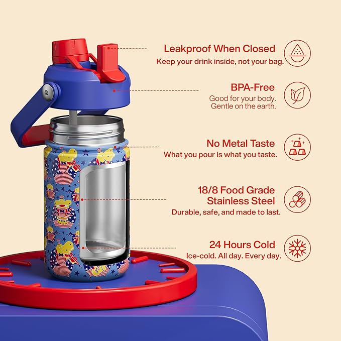Kids Insualated Water Bottle with Straw,12oz Stainless Steel Water Bottle with Dual Spouts, Leak-Proof,BPA-Free,Double Wall Vacuum Keeps Cold for 24 Hours for Sports,Travel,School (Blue Hippo Parade)