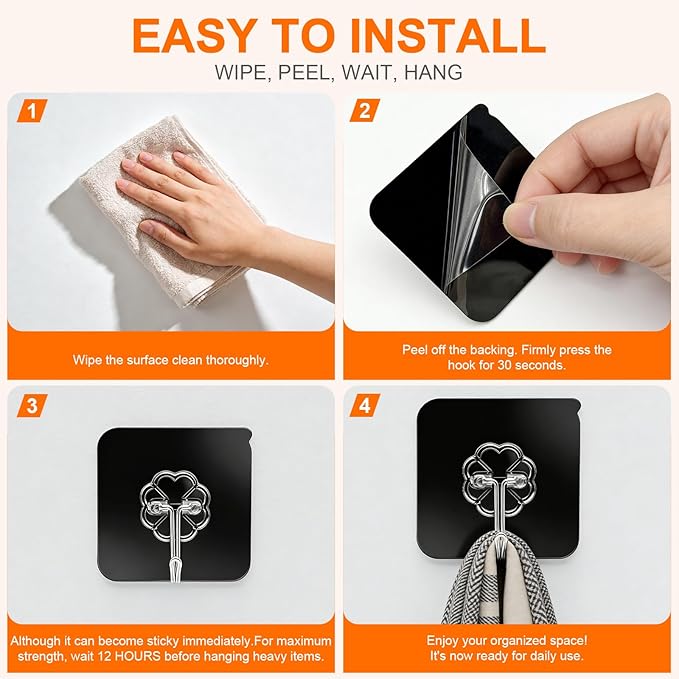 DDMY Heavy Duty Adhesive Hooks for Hanging 50lb(Max) Black Wall Hooks with Strong Sticky,No Damage Removable Hook Waterproof & Reusable for Bathroom, Kitchen, Shower, Outdoor Decor -8 Pack