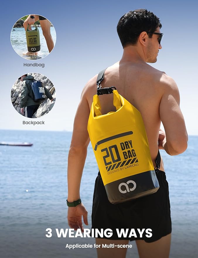 Lamicall Waterproof Dry Bag with Phone Pouch, Floating Roll Top Backpack, 20L, Yellow