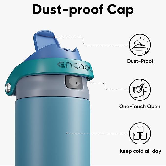 ENCOOL Leakproof Insulated Water Bottle with Straw Dual-Sip Water Bottle Bag-Safe Design for Work, Commute & Gym – Keeps Drinks Cold All Day, 24 oz, Teal Blue