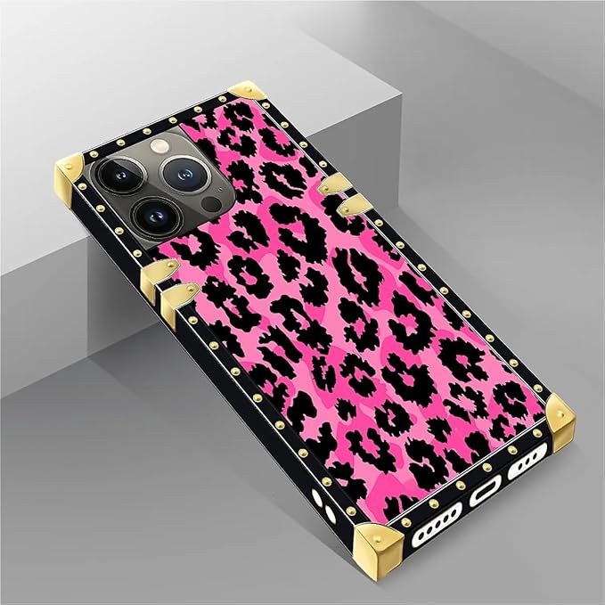 Compatible with iPhone 14 Pro Case, Pink Black Leopard Luxury Golden Decoration for Girl Women Soft TPU Shockproof Protective Hard PC Back for iPhone 14 Pro