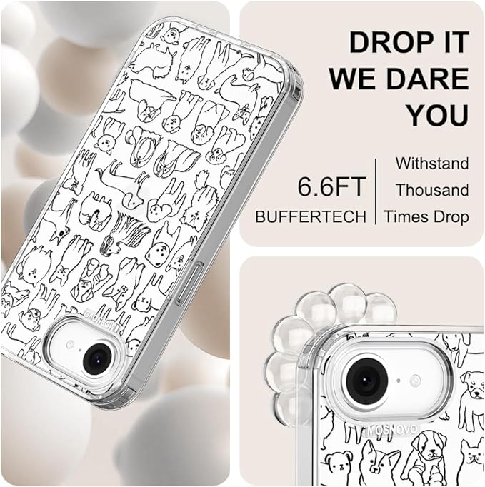 MOSNOVO for iPhone 17e Case/iPhone 16e Case, Shockproof Military-Grade Protection 6.6ft Drop Tested, Clear Phone Case for iPhone 16e / iPhone 17e, Doodle Dog Design