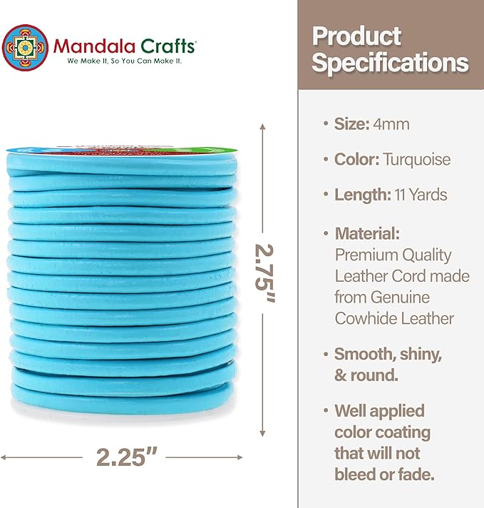 Mandala Crafts Round Genuine Turquoise Leather Cord for Jewelry Making – 4mm Cowhide Leather Rope String Lace for Kumihimo – 11 Yards Cowhide Craft Cording Spool