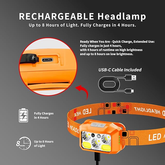 Headlamp Rechargeable LED, 800 Lumens with Red & White Light, 8 Modes, Motion Sensor, USB-C Charging, IPX4 Waterproof (1, Orange)