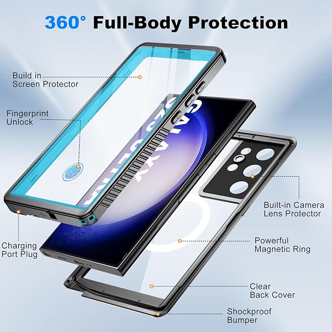 for Samsung Galaxy S23 Ultra Waterproof Case with Magsafe, Built-in Magnetic & Screen Protector, IP68 Certified Full Body Shockproof, for Water Sports Underwater Photography, 6.8" Blue