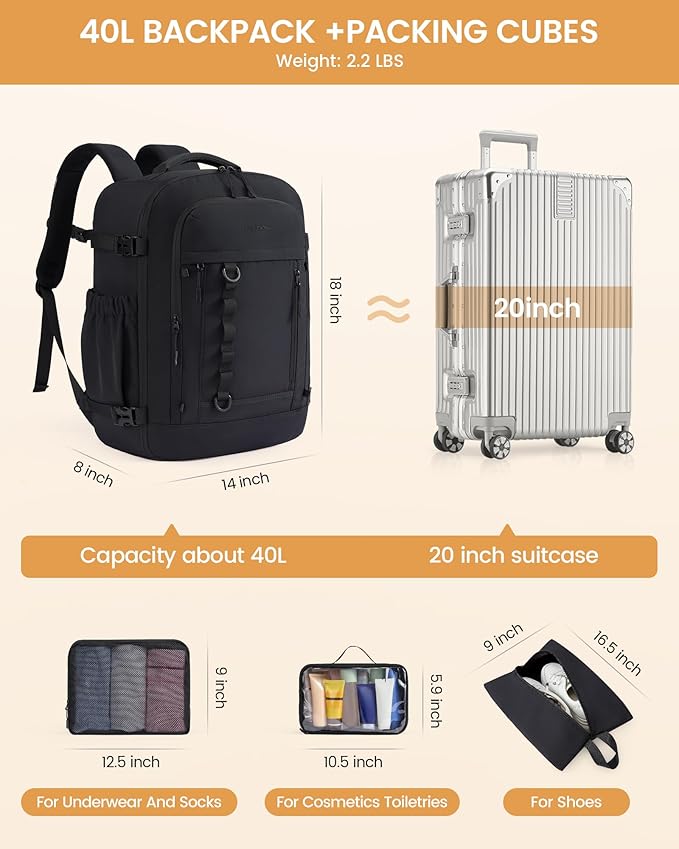 LOVEVOOK 40L Travel Backpack for Men Women, Waterproof Carry On Backpack for Work & Travel, Flight Approved Personal Item with 3 Packing Cubes, TSA Bag Fits 17.3" Laptop,Black