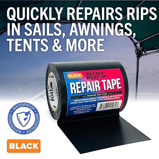 Better Boat Repair Tape for Fabric and Vinyl 30ft x 3in, Black Waterproof Patch Tape for RV Awning Canvas Tent Tarp Sail Canopy Boat Cover, Heavy Duty