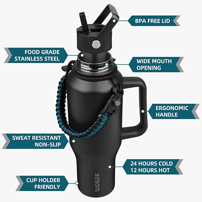 BJPKPK Insulated Water Bottles with Straw Lid, 40oz Metal Water Bottle with 2 lids & Paracord Strap, Double Wall Stainless Steel Tumbler with Handle, Reusable Cups, Mugs, Thermo, Black