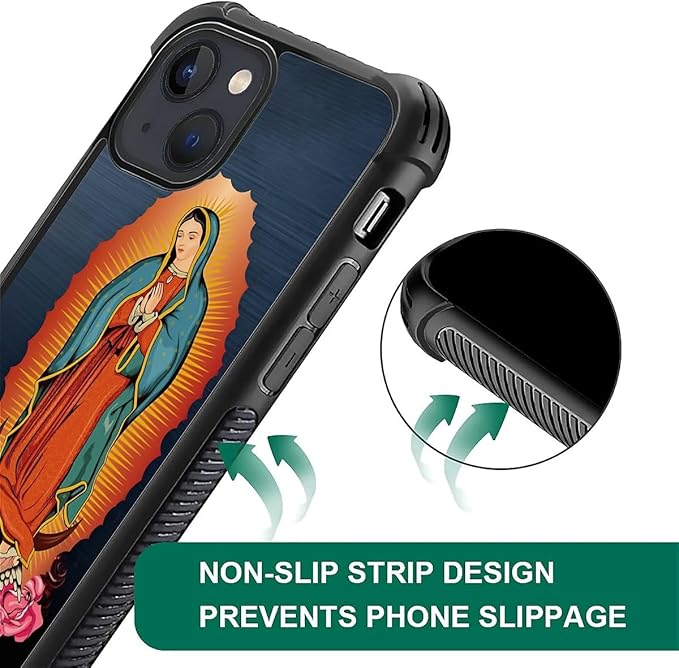 for iPhone 15 Case, Red Virgen Guadalupe Pattern Graphic Design Girl Boy Soft Silicone Hard Acrylic Shock Protection for iPhone 15