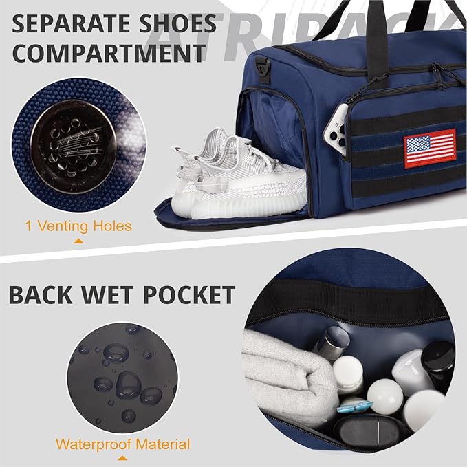 Tactical Gym Bag for Men, 60L Large Capacity Duffle Bags with Shoes Compartment, Sports Bag with wet compartment, Multi-functional Weekend Bags Suitable for Travel, Camping,hiking