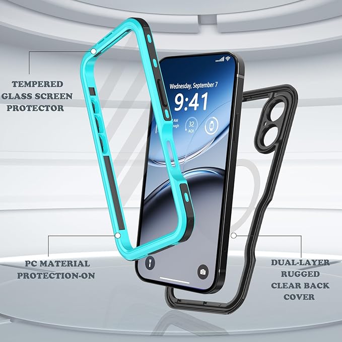 for iPhone 16 Plus Case Waterproof, [Shockproof] [Dustproof] [IP68 Waterproof] Full-Body Hard Case Built-in [Lens Screen Protection] for Diving Case (Teal, for iPhone 16 Plus 6.7in)